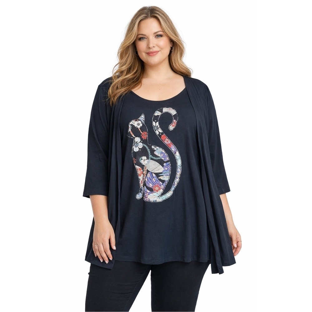 Ulla Popken Cat Lover Tunic Women Plus Size 16/18 Patchwork Drapey Lagenlook